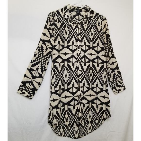 Timing Women's Tribal Geometric Beige Black Dress Button Up Roll Tab Slv Size L - Picture 1 of 8